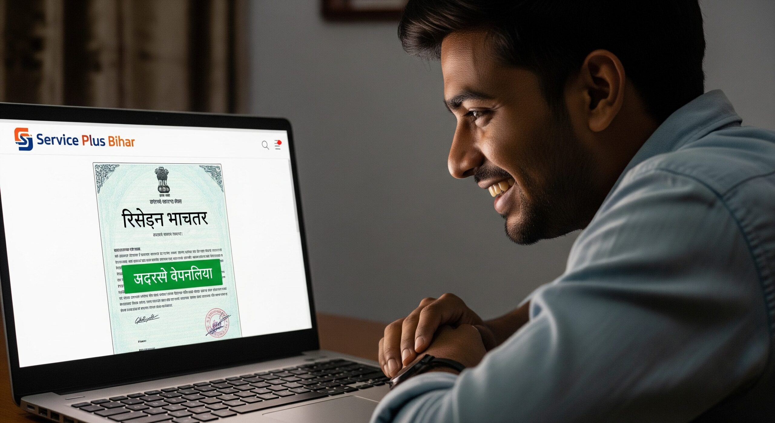 A person in Patna successfully downloading a Bihar government certificate online on a laptop.