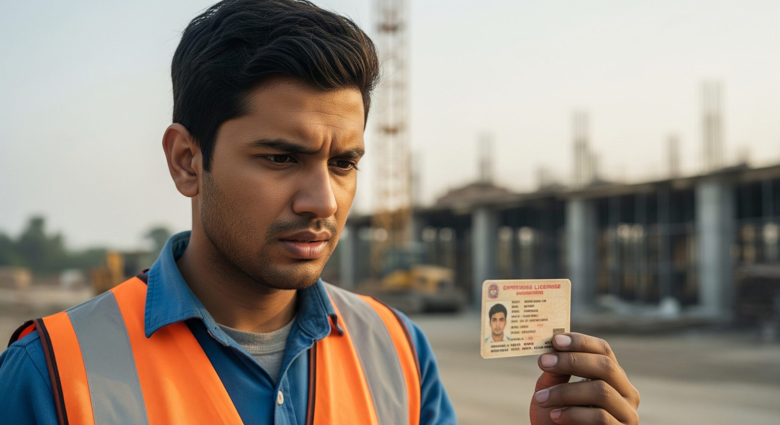 A frustrated heavy vehicle operator in Patna looking at his expired licence, seeking a solution.