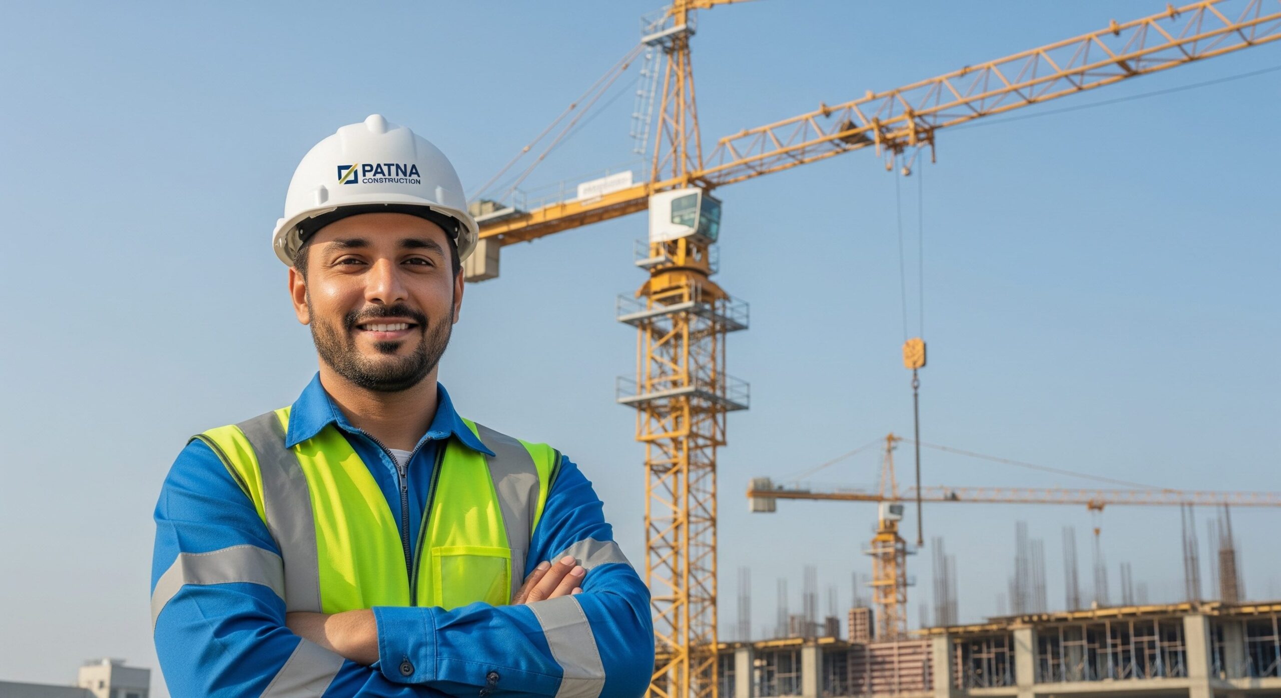 A confident crane operator in Patna standing proudly in front of his heavy vehicle, symbolizing a successful job.